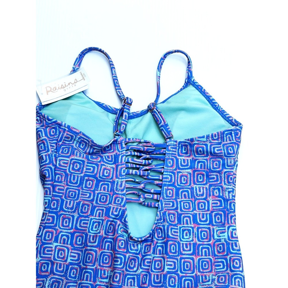 Raisins Girls Size 12 Norie One Piece Swimsuit Blue Geometric Caged Back - Picture 6 of 13